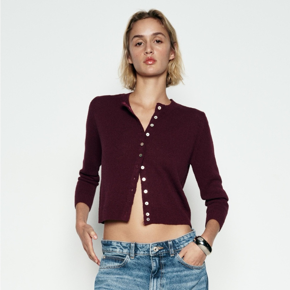 Zara Smooth Knit Burgundy Red Cardigann NWT Large Button Shirt Top Crochet Shell